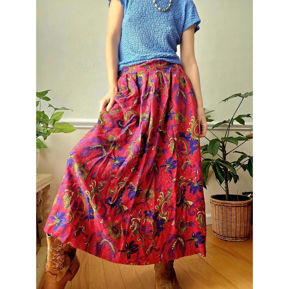 Floral Maxi flowy Skirt paisley red blue Boho pocket Vintage L 12 fall fashion